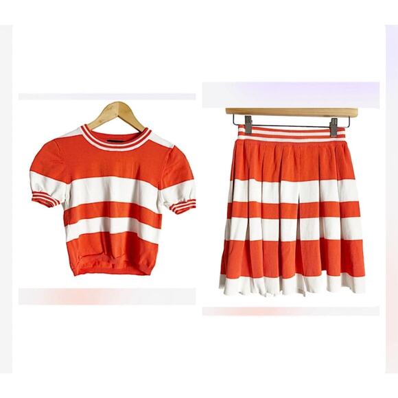 Romeo + Juliet Orange White Striped Pleated Skirt Puff Sleeve Top Co-Ord Set S - Picture 1 of 14